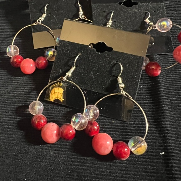 Magnolia Hoop Earrings varying red:pink:clear beads and stones Handmade - Picture 2 of 2